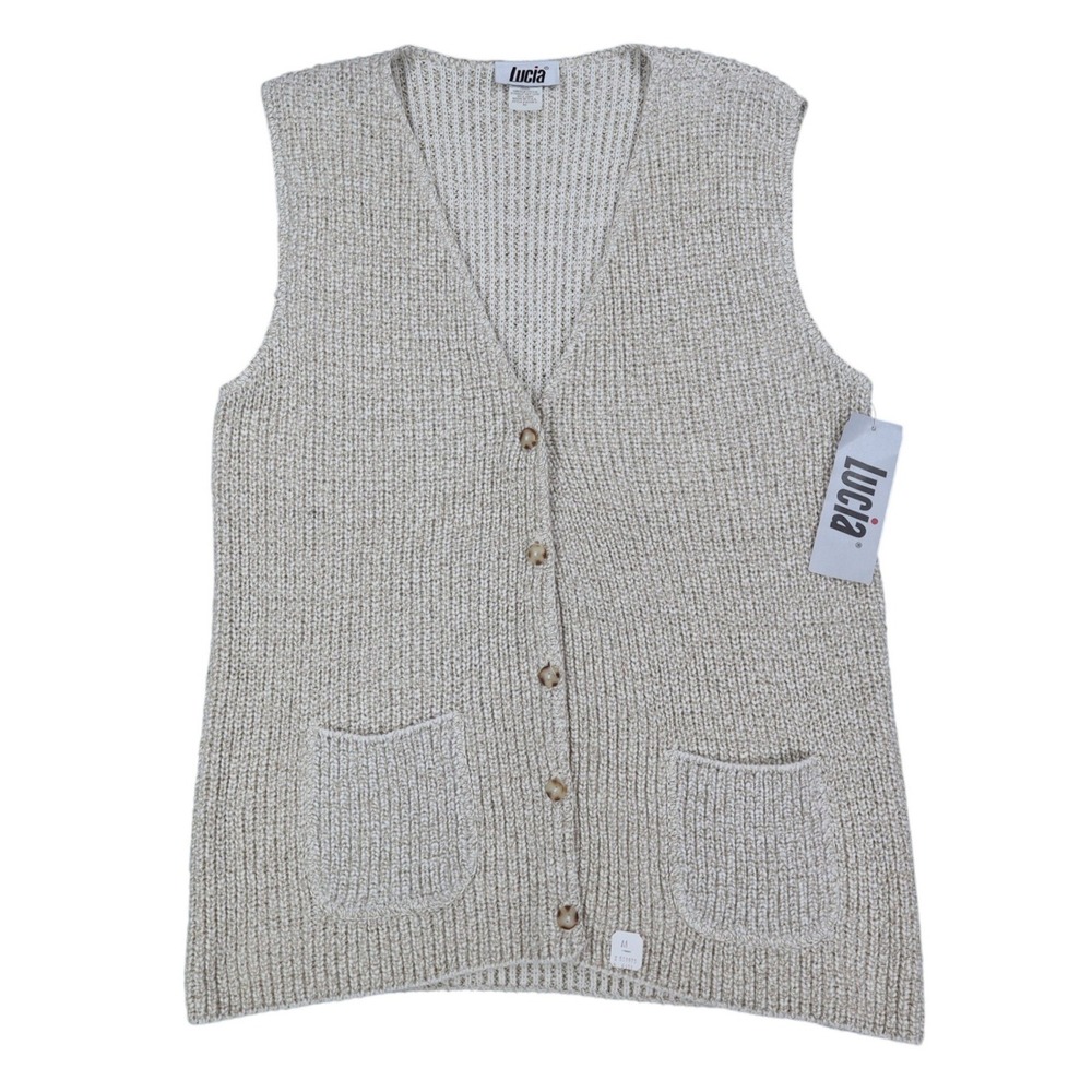 Lucia Sweater Vest Womens Medium Vintage 90s Beige Cotton Knit Button Front USA